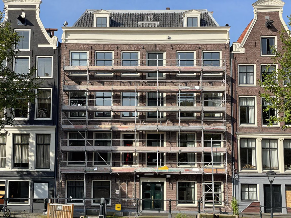 Facade Restoration in Amsterdam at The Flat Glare Of Noon Light in in Amsterdam, Netherlands