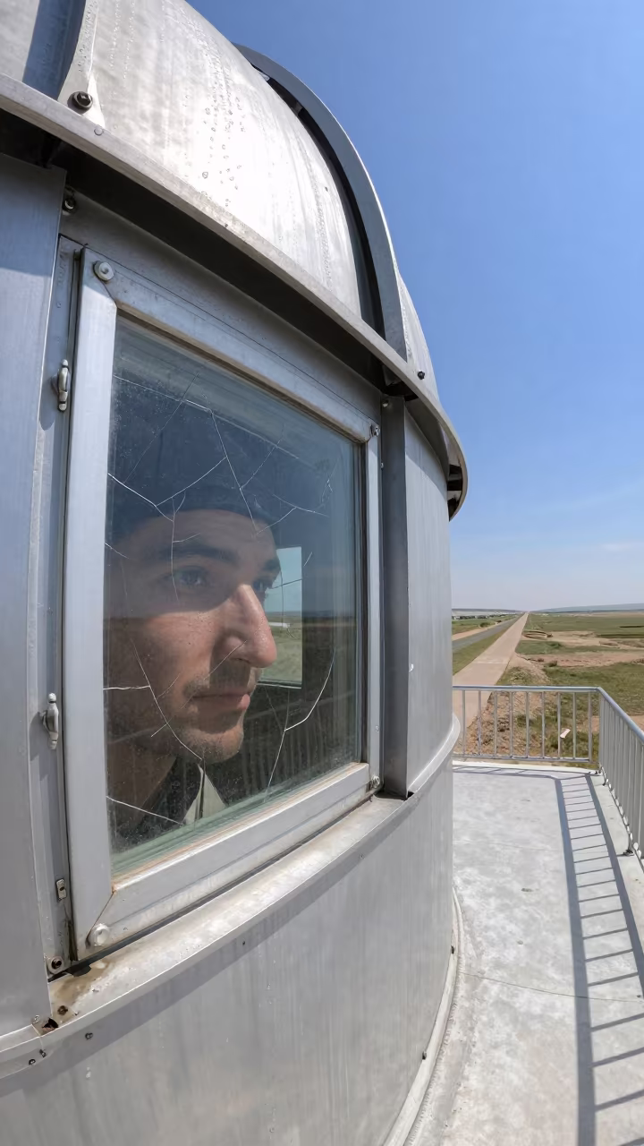 Face Beside Cracked Observatory Window Angren in at a remote field station in Angren