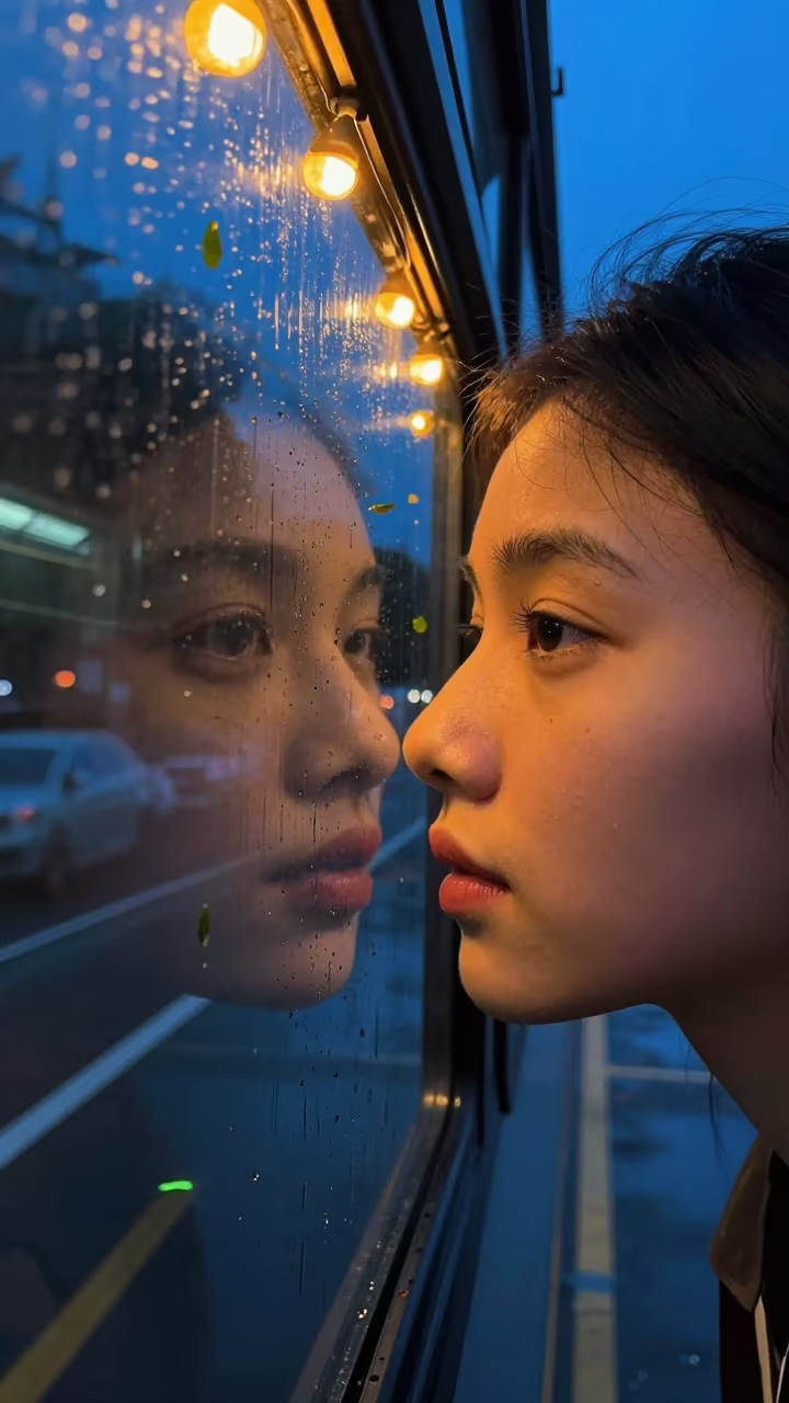 Face Lit by Bus Window Rainy Night Spring in near Shah Faisal Town