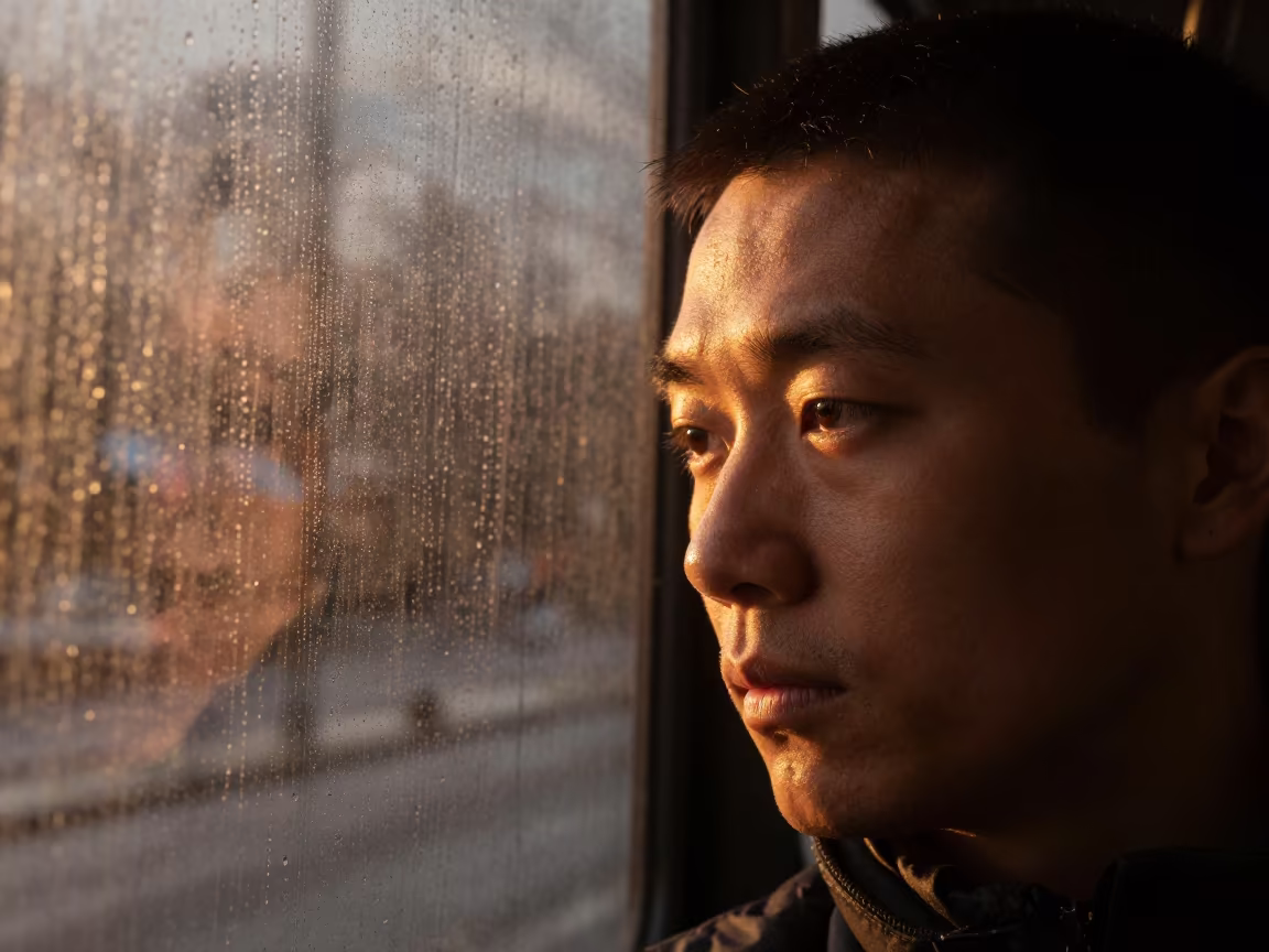 Face Lit by Bus Window Rainy Night Winter in near a riverside landing in Weimar