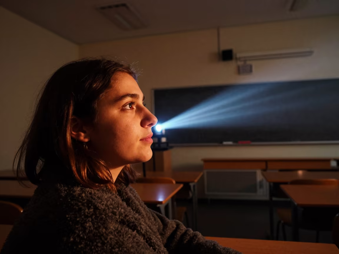 Face Lit by Projector in Late Night Classroom in near Haarlem