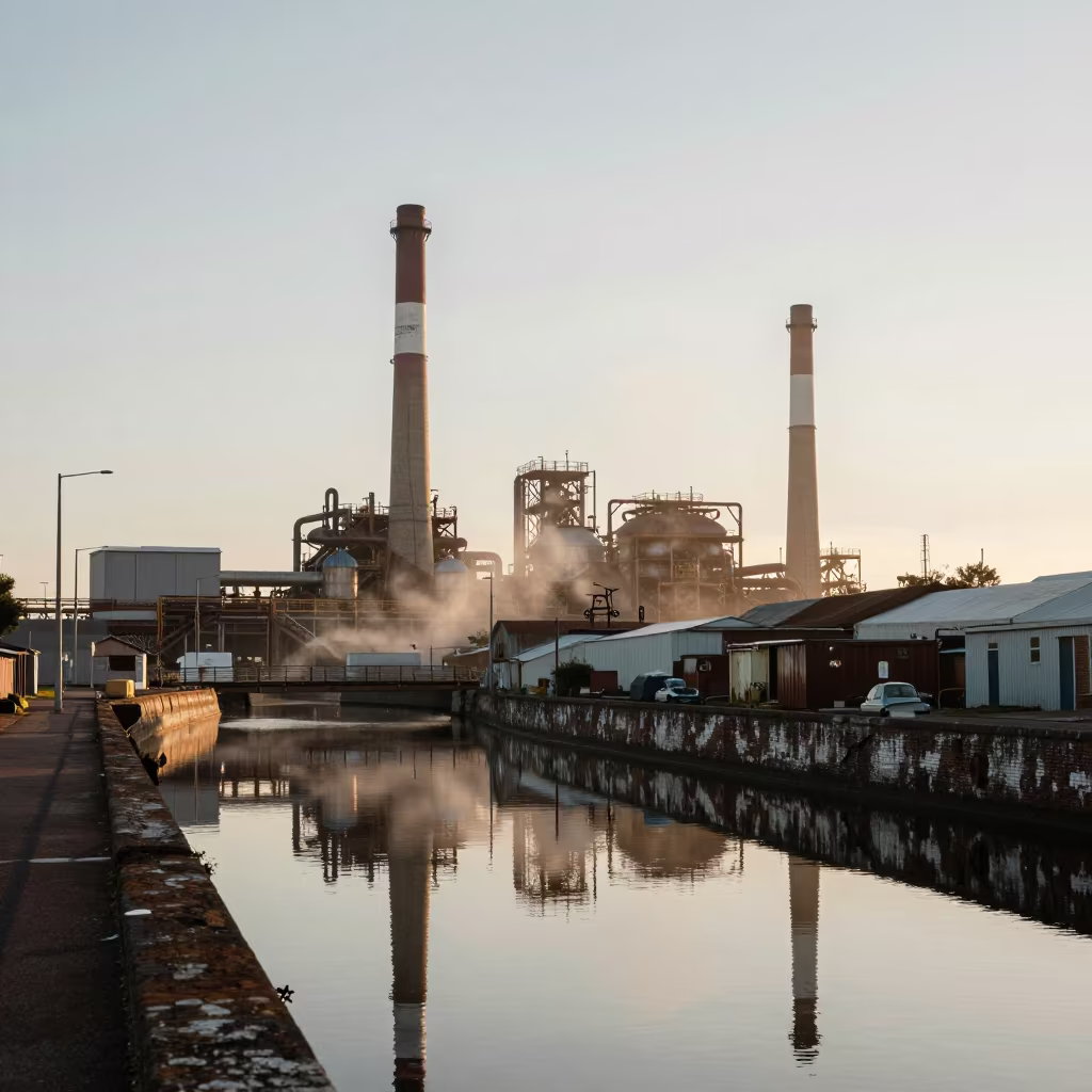 Factory Chimneys Reflected in Canal at Dawn in in a machine shop near Cape Town