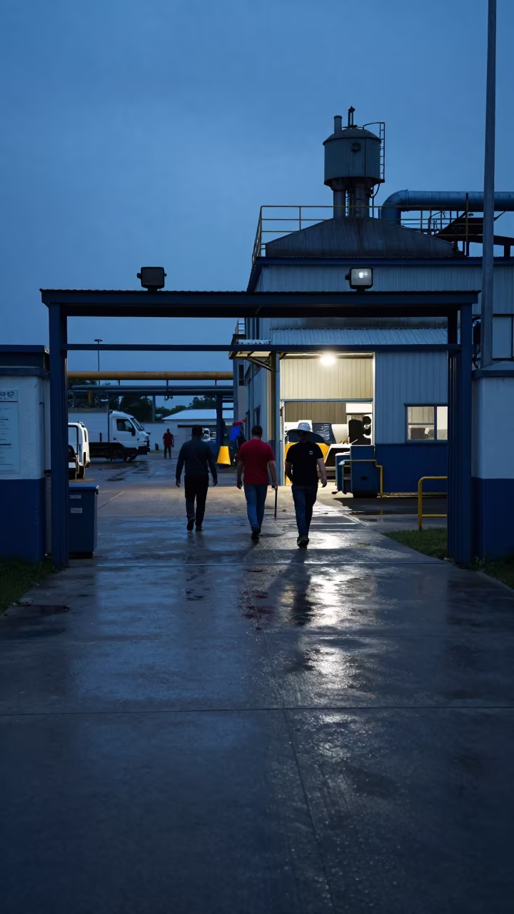 Factory Gate Workers Stream Out in Indigo Rain in near Guadalupe
