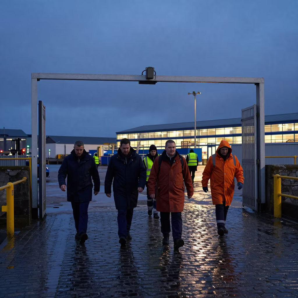 Factory Shift Change at Galway Harbor in Indigo in at a harbor edge in Galway