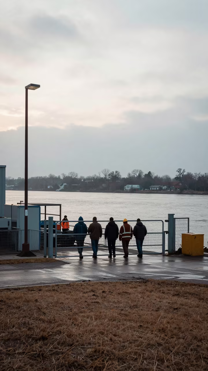 Factory Workers at Sunrise Gate Near River Vaughan in near a riverside landing in Vaughan
