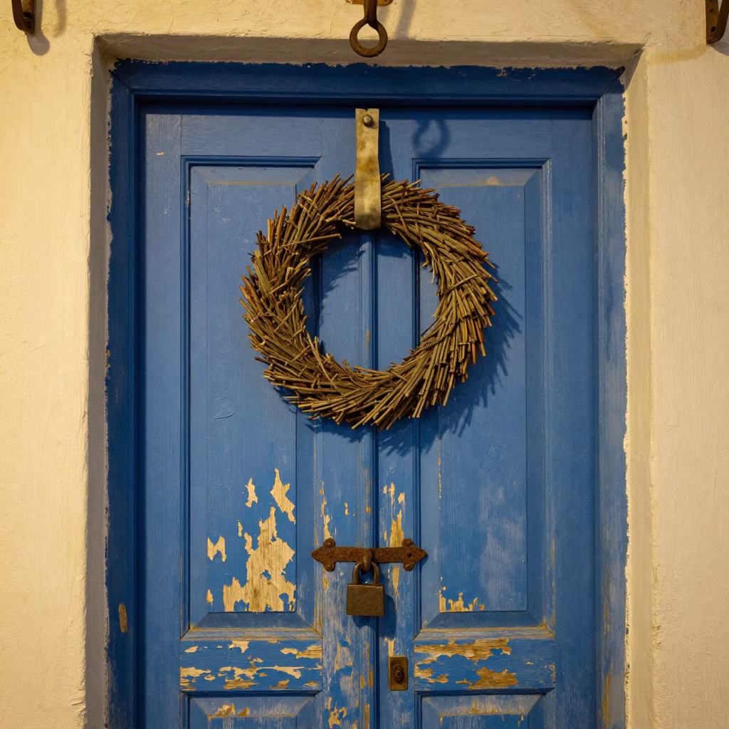 Faded Blue Door Wreath in Athens in in Athens, Greece