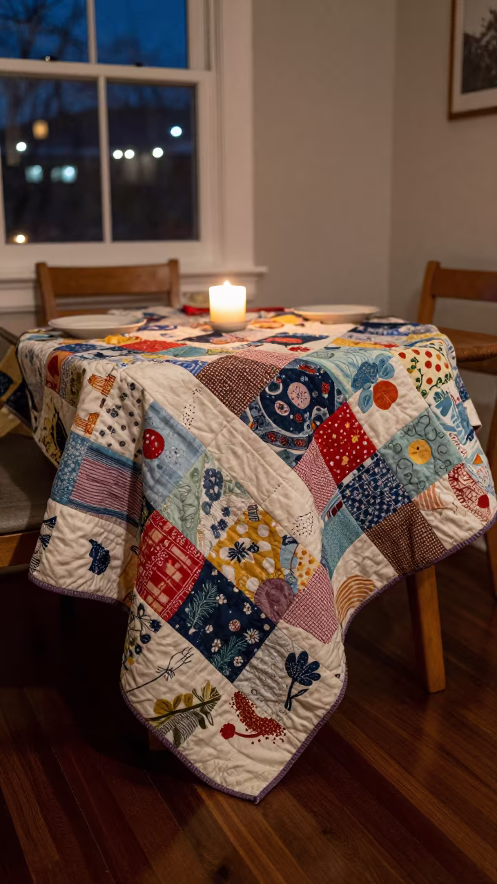 Faded Calico Patchwork Quilt in Barinas Nook in in a breakfast nook in Barinas