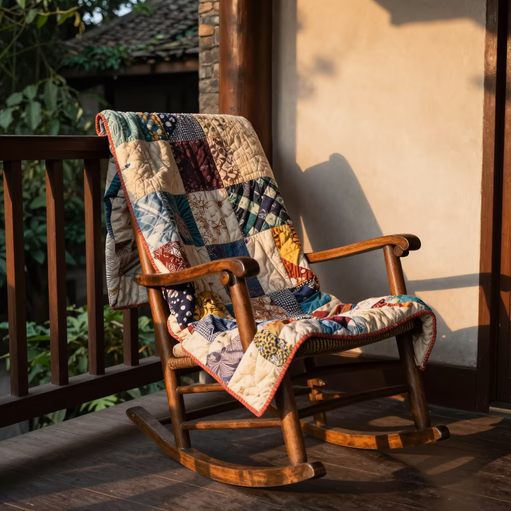 Faded Calico Quilt on Chengdu Porch at Sunset in on a porch with a rocking chair near Chengdu