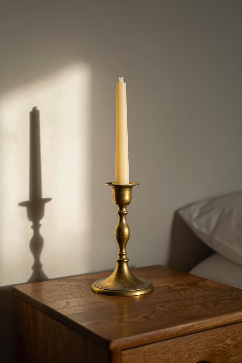 Faded Candlestick in Sofia Bedroom Afternoon Light in on a bedside table near Sofia