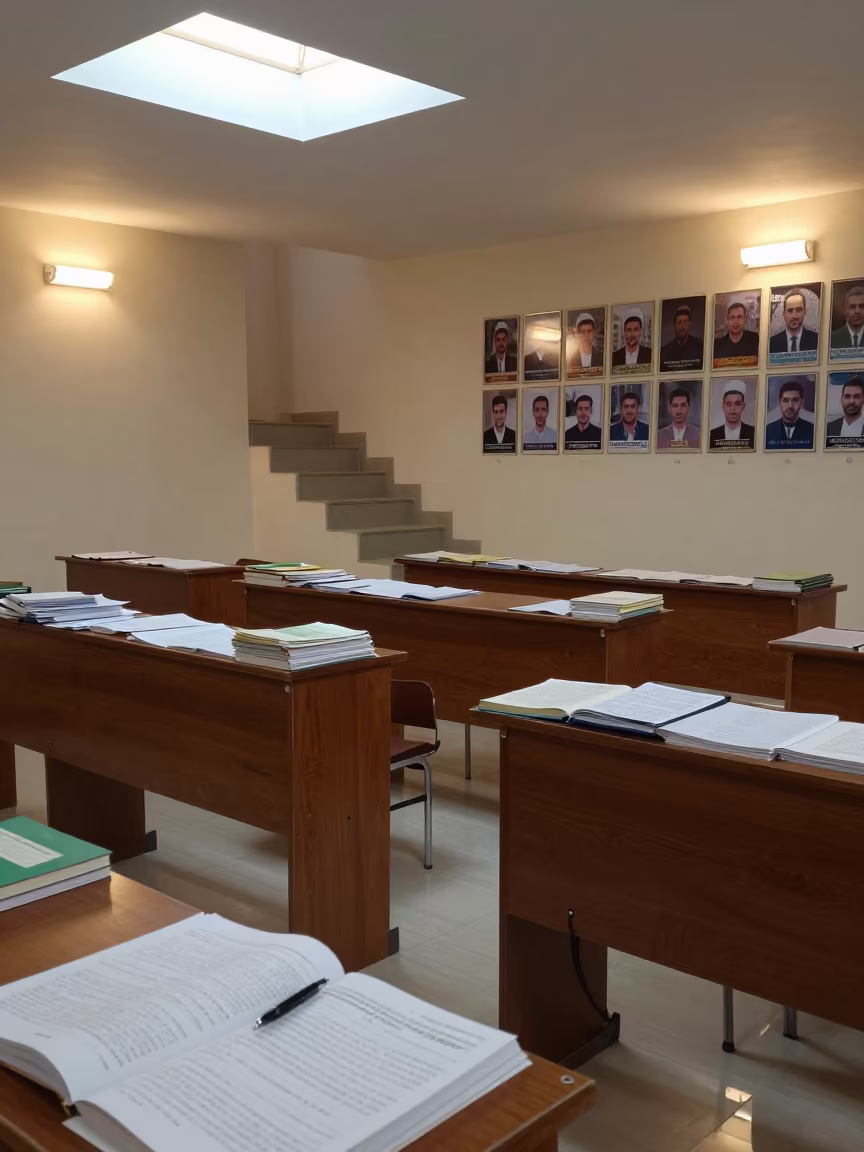 Faded Championship Photos on School Staircase Wall in at a seminar table covered in notes near Najaf