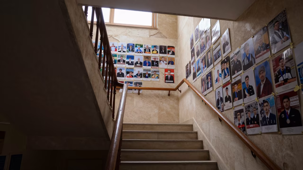 Faded Championship Photos on School Staircase Wall in inside an art classroom near Kahramanmaraş
