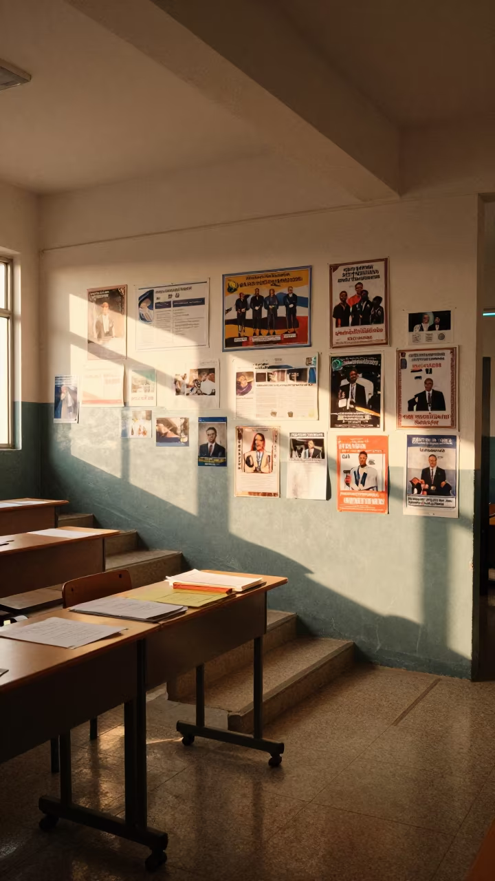 Faded Championship Photos on School Wall Bayamo in at a seminar table covered in notes in Bayamo