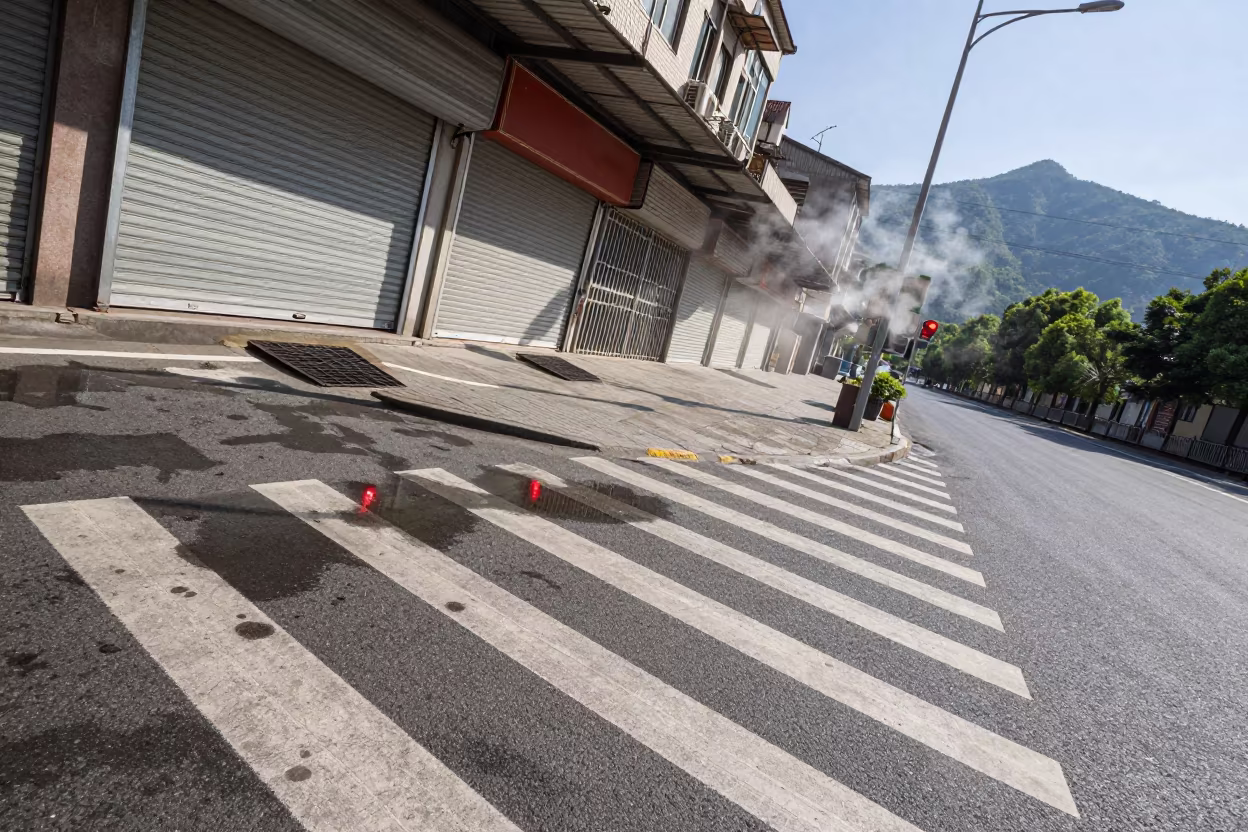 Faded Crosswalk Puddle Reflections Wuhan Arcade in along a shuttered arcade in Wuhan