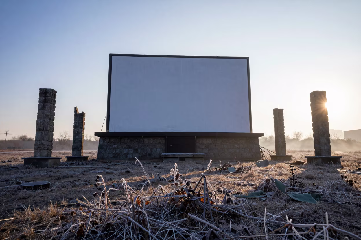 Faded Drive-In Screen Among Ruins in among toppled columns and nettles in North Korea