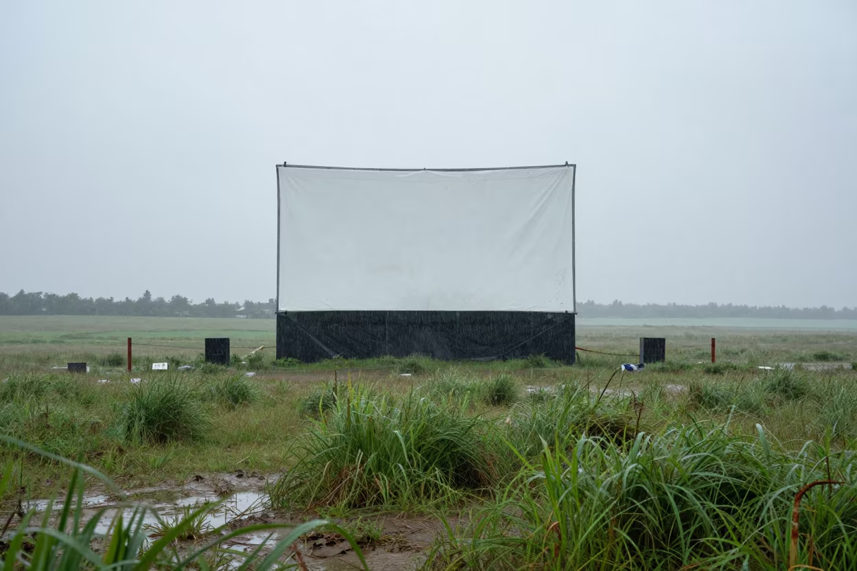 Faded Drive-In Screen Amid Monsoon Grasses in through a courtyard reclaimed by grasses near Pali