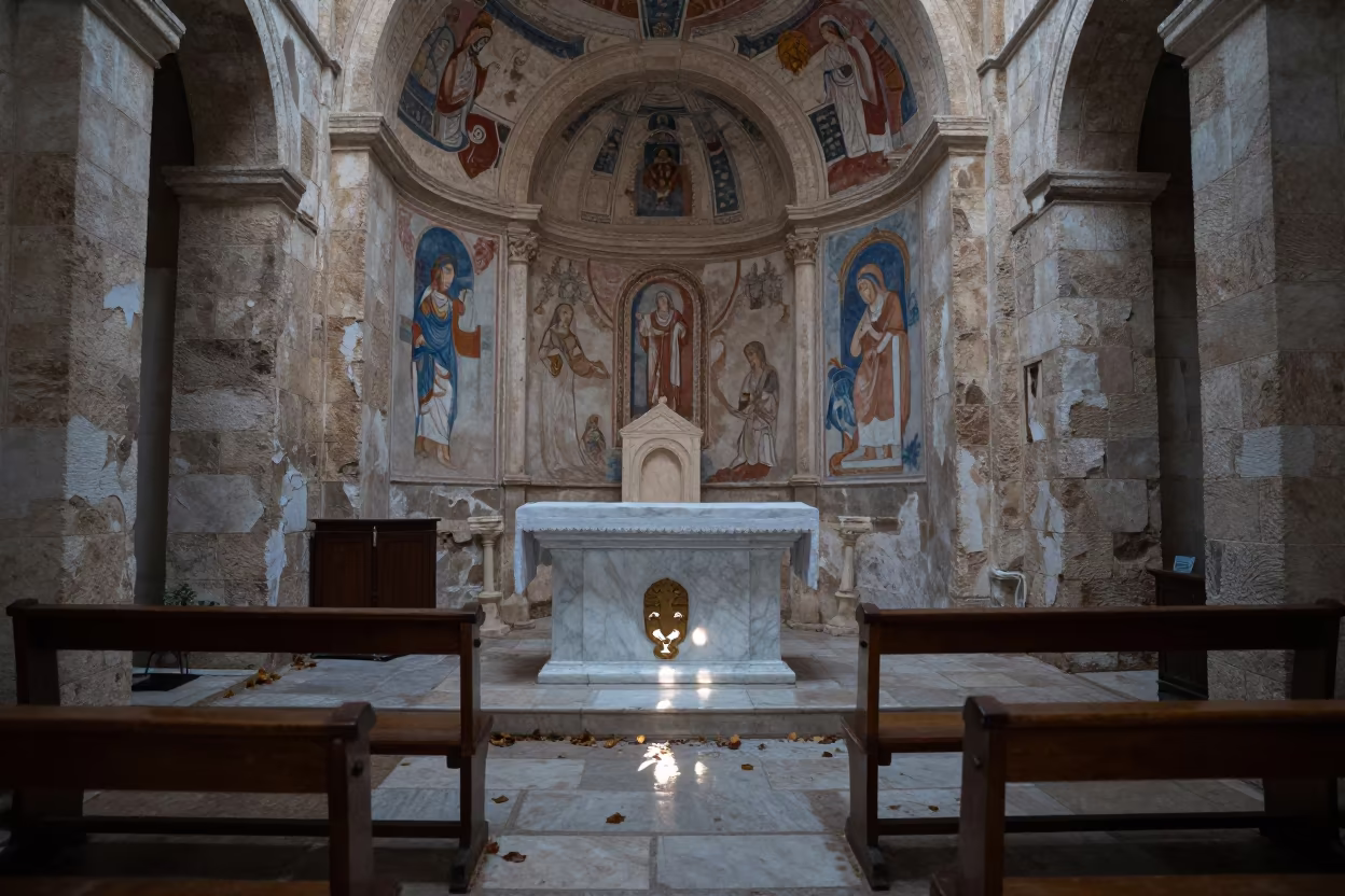 Faded Frescoes Inside Ancient Tyre Chapel in inside a stone chapel in Tyre