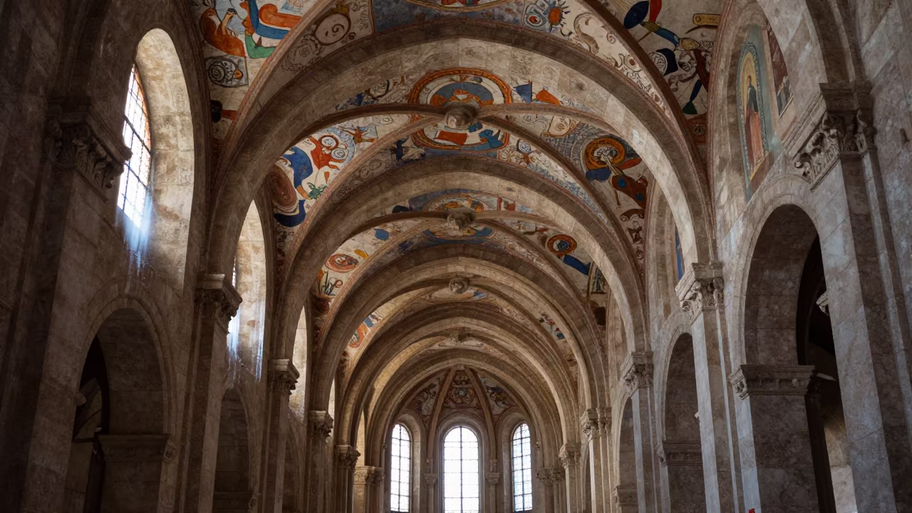 Faded Frescoes Under Neon Light in Nis Abbey in inside a candlelit abbey nave in Nis