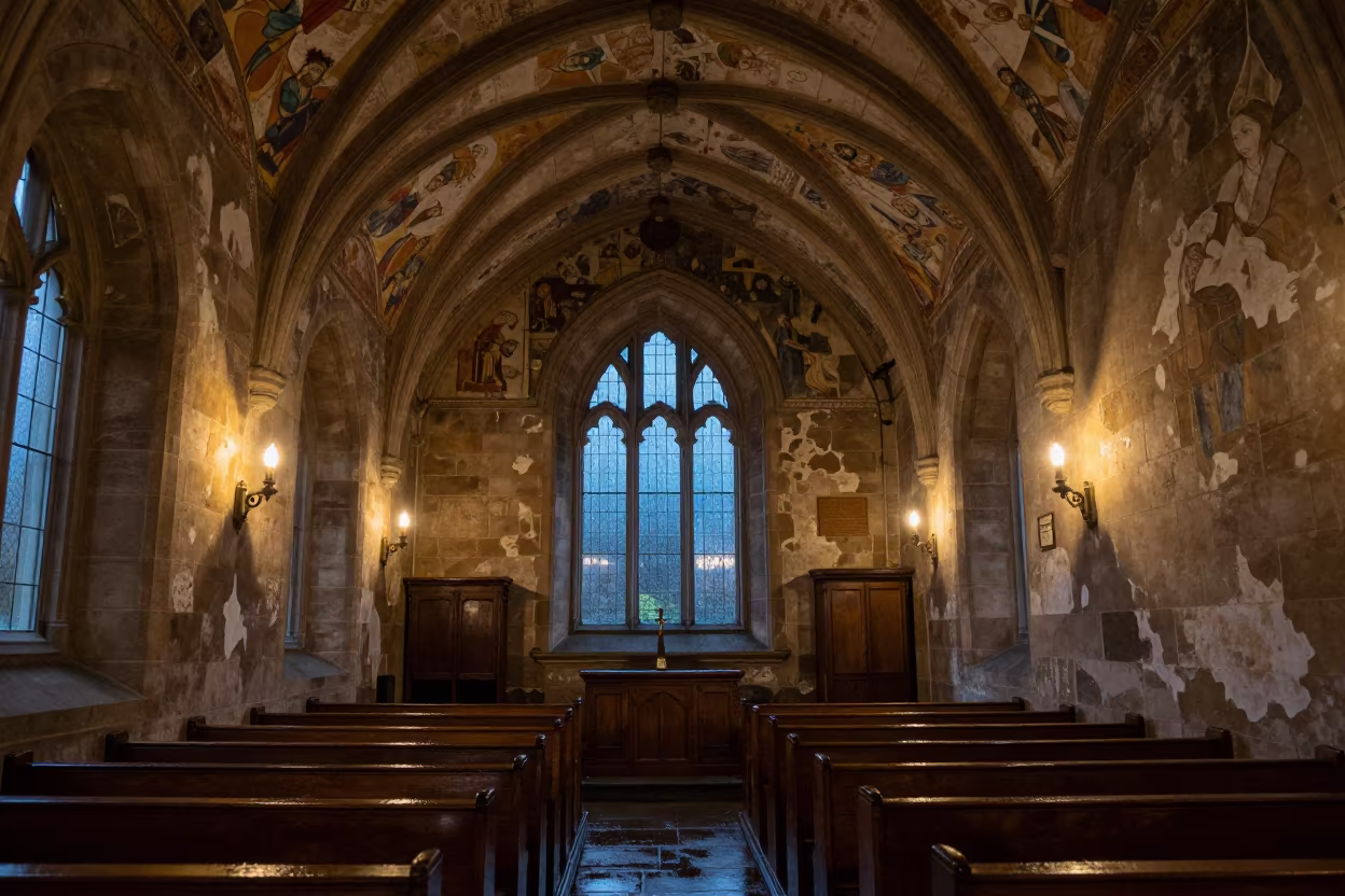 Faded Medieval Frescoes in Dunedin Stone Chapel in inside a stone chapel in Dunedin