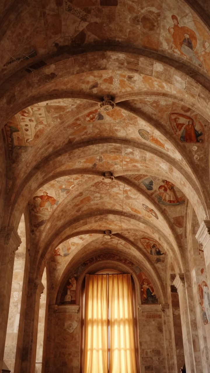 Faded Medieval Frescoes in Kazimierz Abbey in inside a candlelit abbey nave in Kazimierz, Krakow