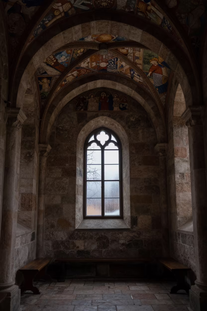 Faded Medieval Frescoes in Predawn Chapel in inside a stone chapel in Ostermalm, Stockholm