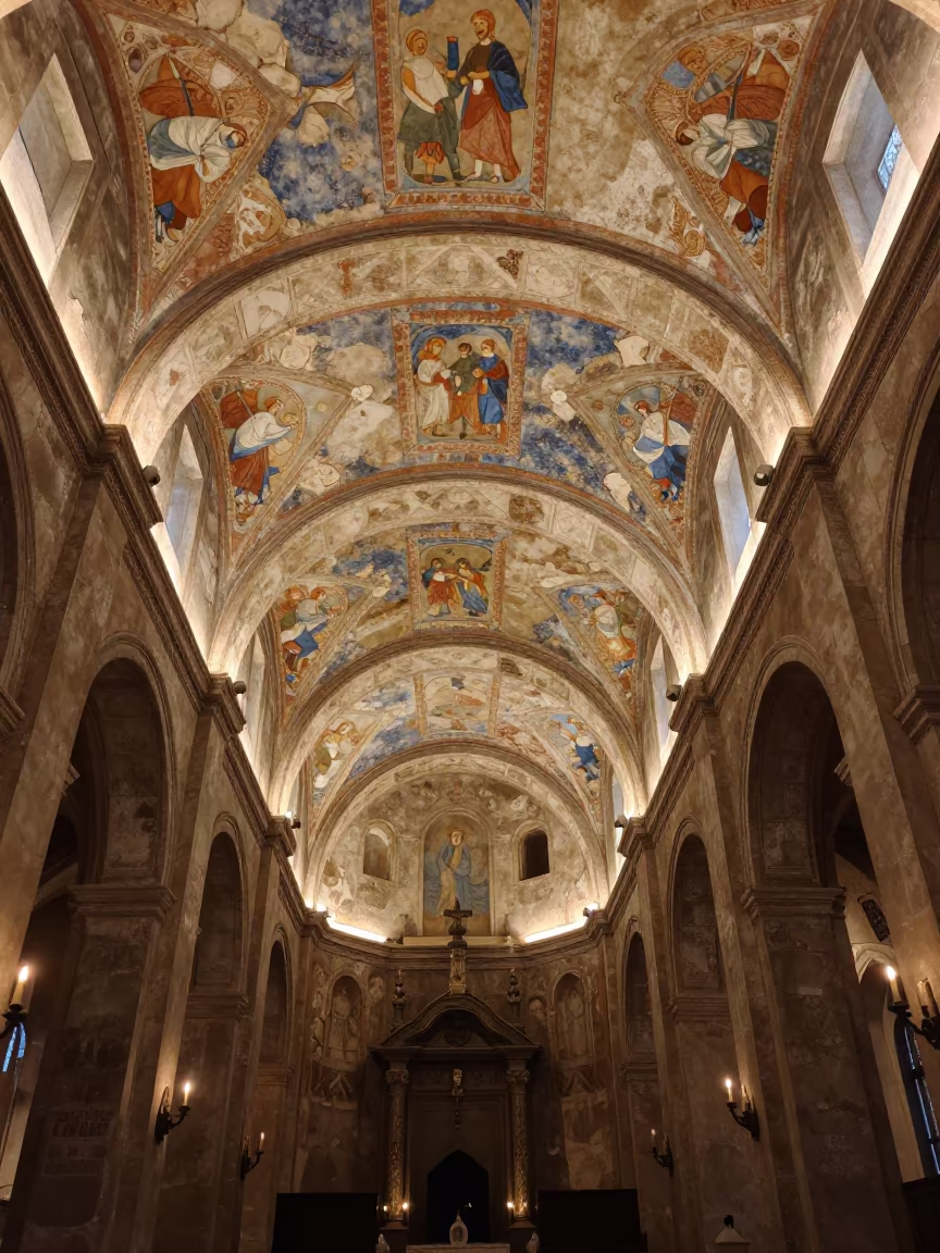 Faded Medieval Frescoes in Ranchi Abbey Nave in inside a candlelit abbey nave in Ranchi