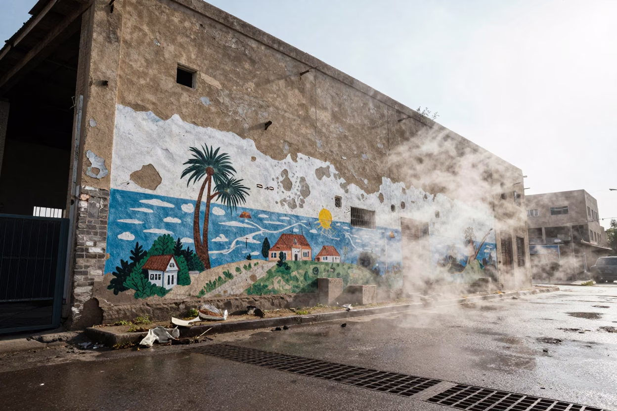 Faded Mural on Gharyan Warehouse Wall in outside a corner cafe in Gharyan