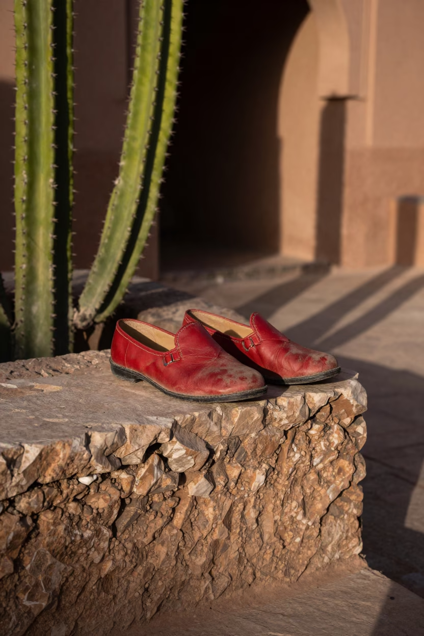 Faded Red Leather Babouches in Marrakech in in Marrakech, Morocco