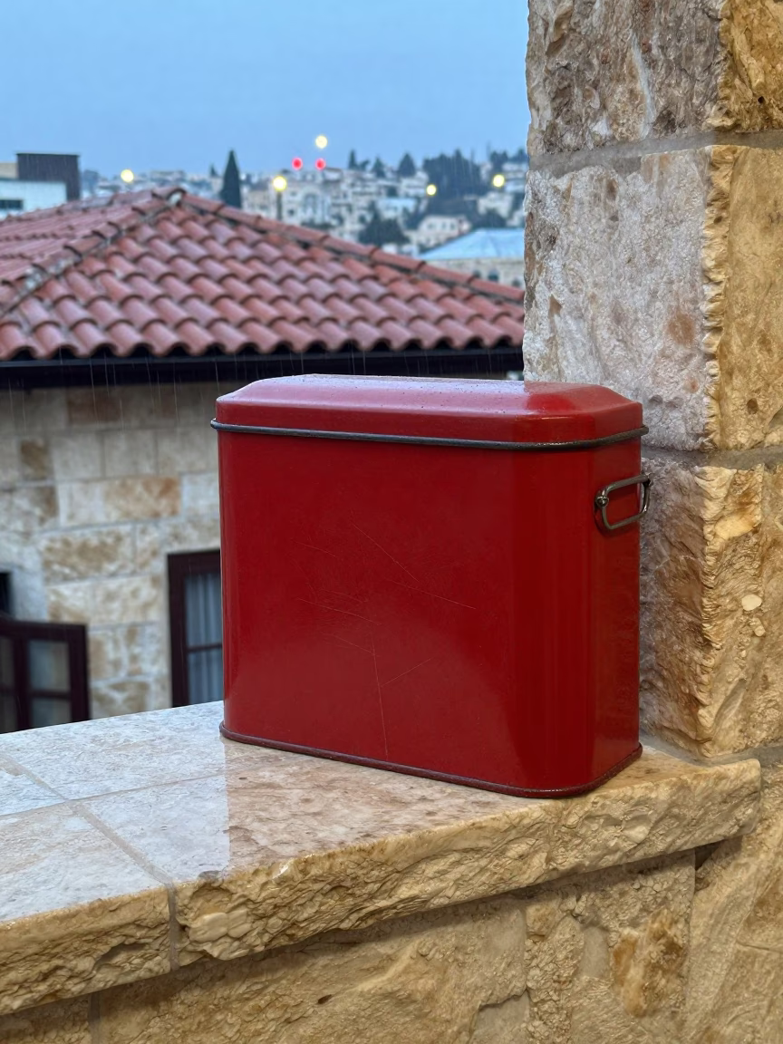Faded Red Storage Tin in Amman in in Amman, Jordan
