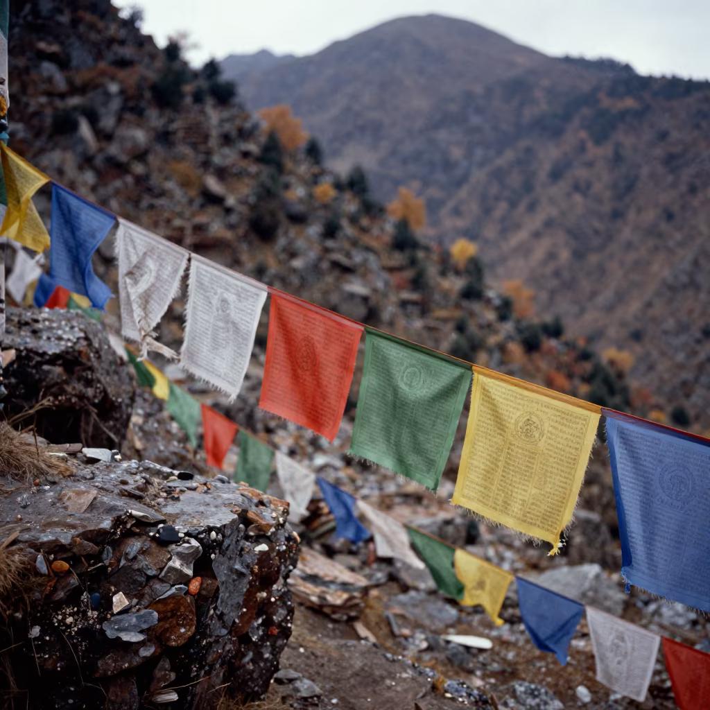 Faded Tibetan Prayer Flags in Autumn Mist in along a high mountain pass beneath prayer flags near Thimphu