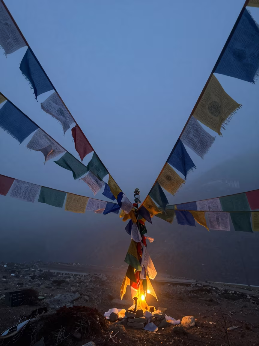Faded Tibetan Prayer Flags in Misty Twilight in along a high mountain pass beneath prayer flags near Lhasa