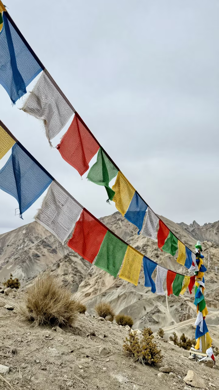 Faded Tibetan Prayer Flags on Wind-Swept Ridge Near Leh in on a wind-cut ridge below prayer flag lines near Leh