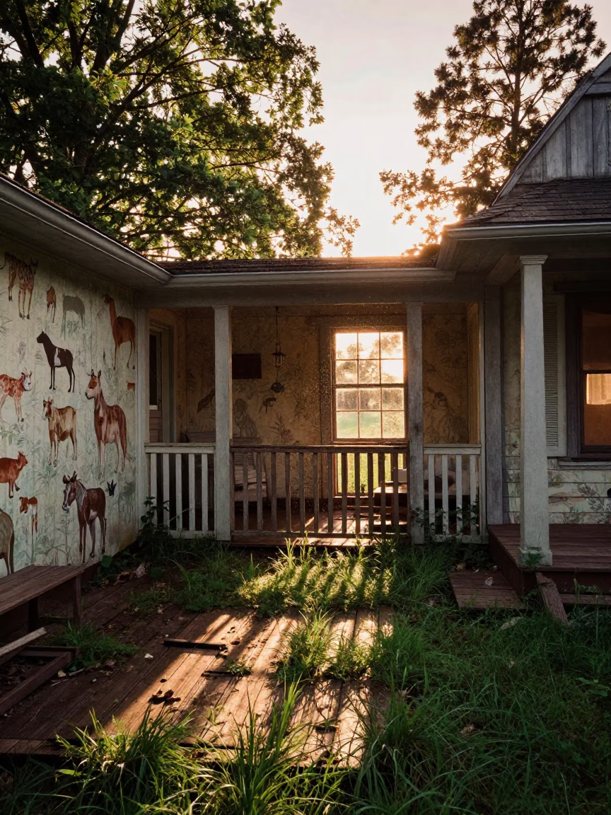 Fading Animal Nursery Ruin in Kentucky Grass in through a courtyard reclaimed by grasses in Kentucky