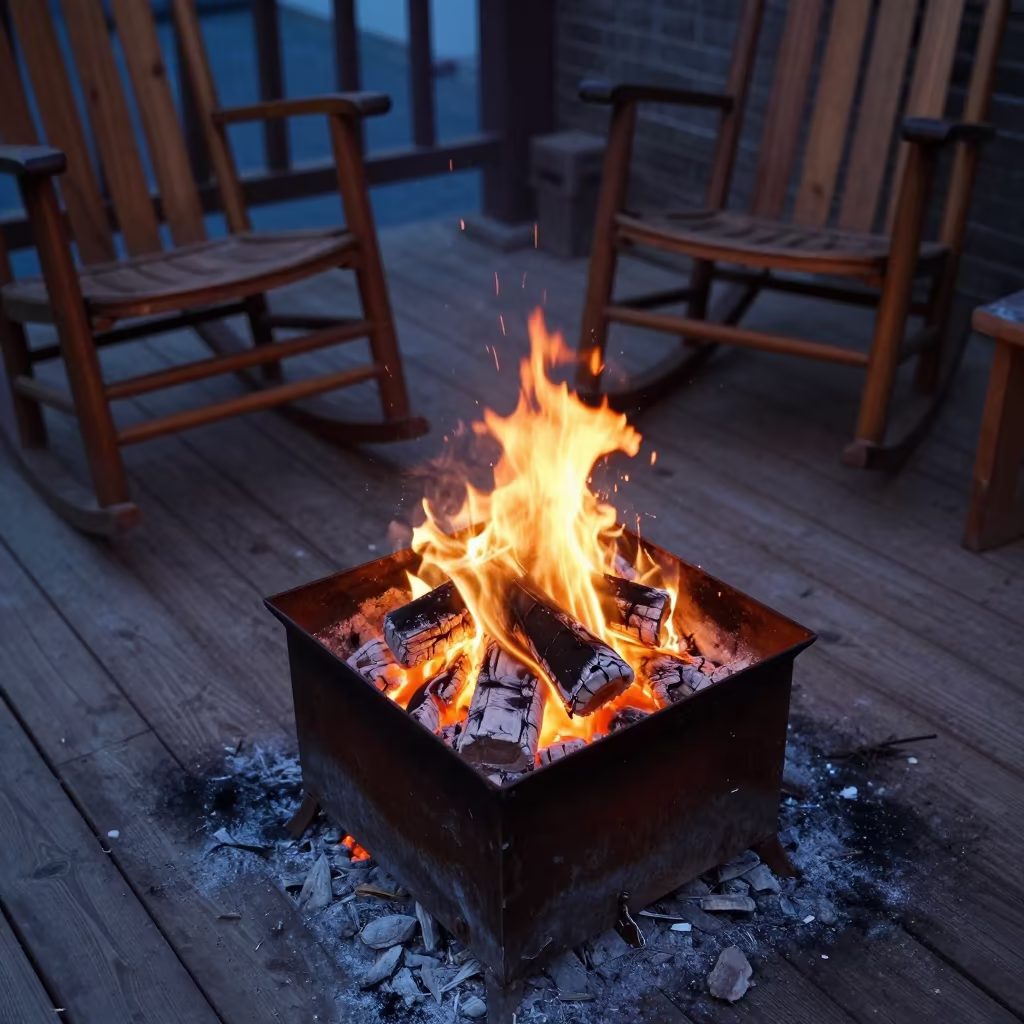 Fading Embers on Tianjin Porch at Blue Hour in on a porch with a rocking chair in Tianjin