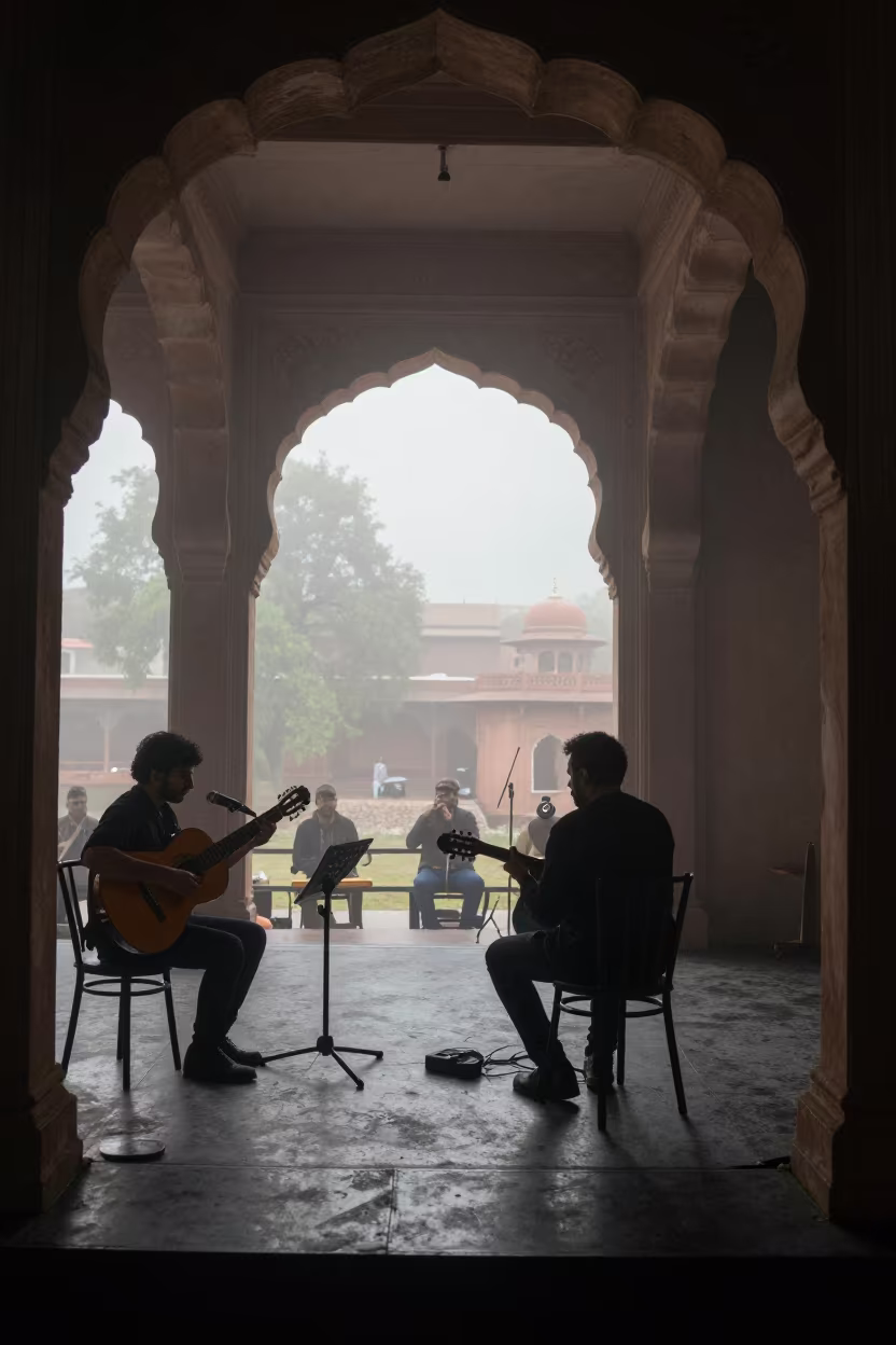 Fado Guitarist in Patiala Dawn Stage in on a dimly lit stage in Patiala