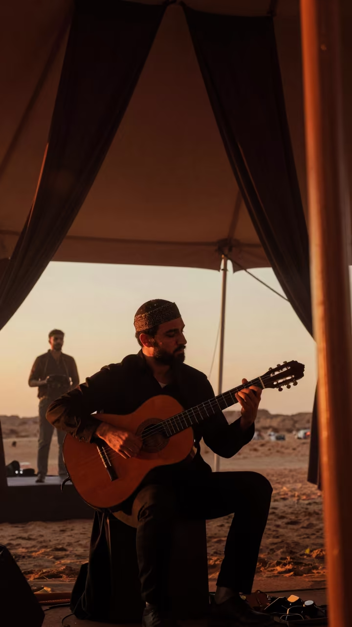 Fado Guitarist Under Circus Tent in Al-Hajar in under a circus tent in Al-Hajar al-Aswad