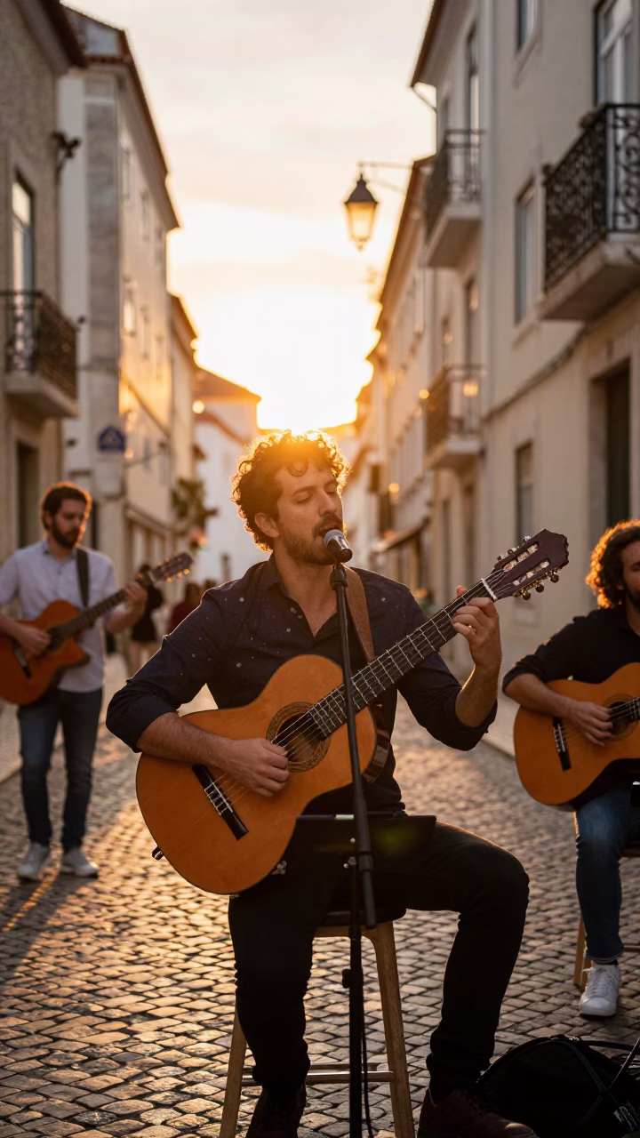 Fado Music Performance in Lisbon at Sunset Light in in Lisbon, Portugal