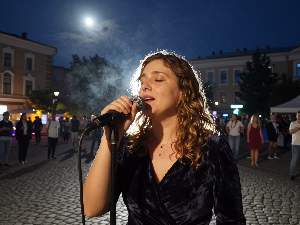 Fado Singer in Moonlit Nizhny Novgorod Night in at a street corner busking spot in Nizhny Novgorod