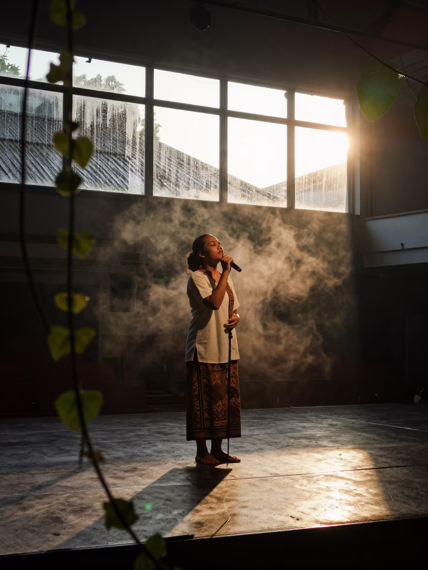 Fado Singer on Theater Stage in Medan at Sunset in on a theater stage in Medan