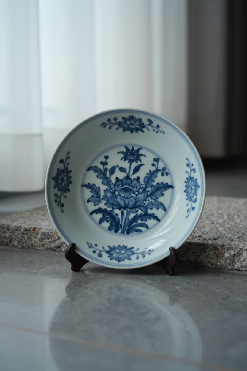 Faience Plate on Stone Ledge Near Guilin in on a stone ledge near Guilin