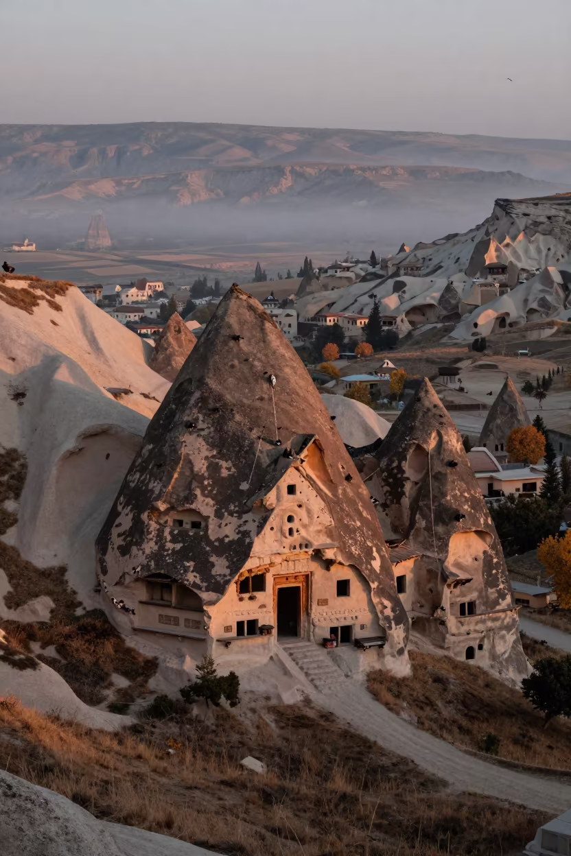 Fairy Chimney Cave Dwelling in Valley Fog at Dusk in across a wide valley floor near Nevşehir