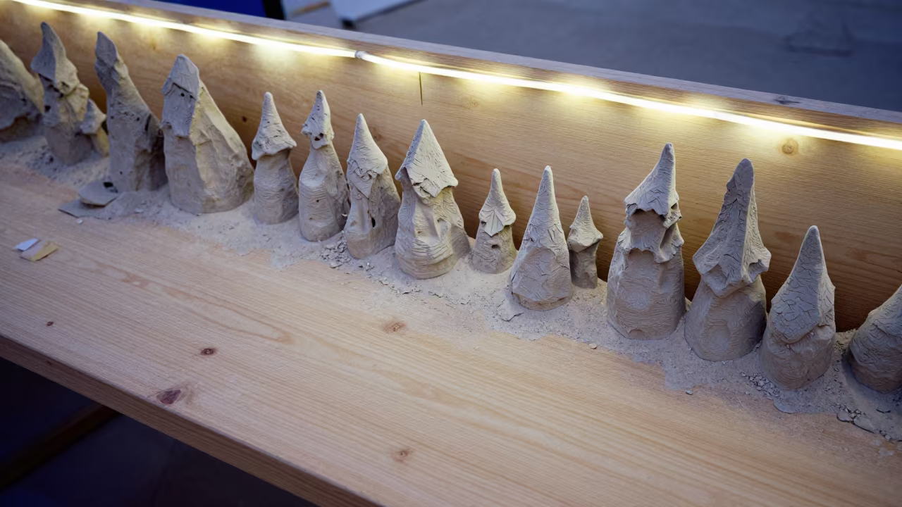 Fairy Chimney Models on Golmud Workbench in on a wooden workbench in Golmud