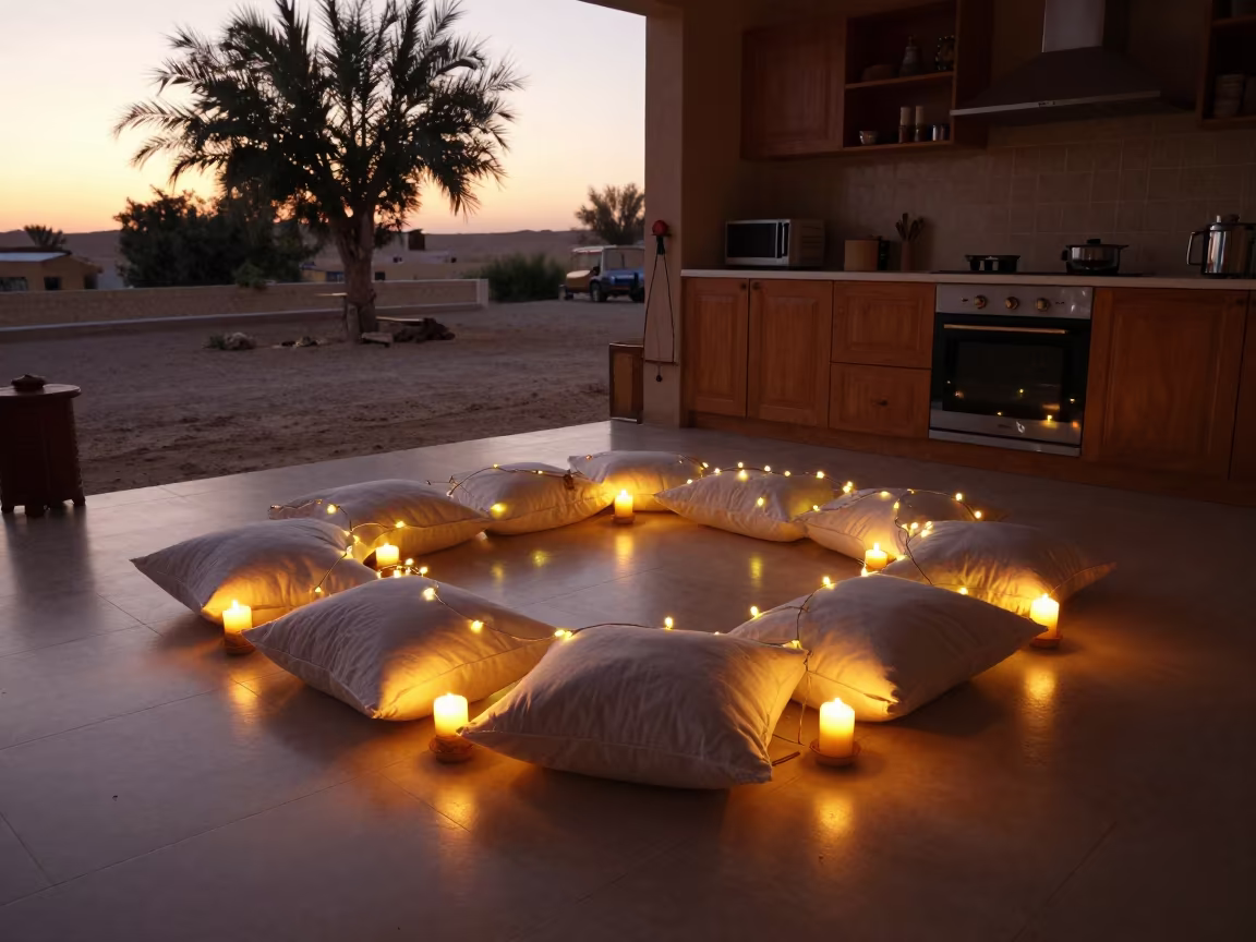 Fairy Light Pillow Fort at Sunset in Egyptian Kitchen in in a cozy kitchen near Faiyum
