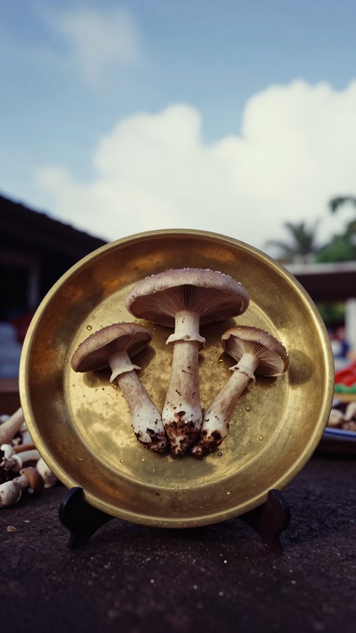Fairy Ring Mushrooms in Cienfuegos Market Stall in inside a jeweler's stall with brass scales and trays in Cienfuegos