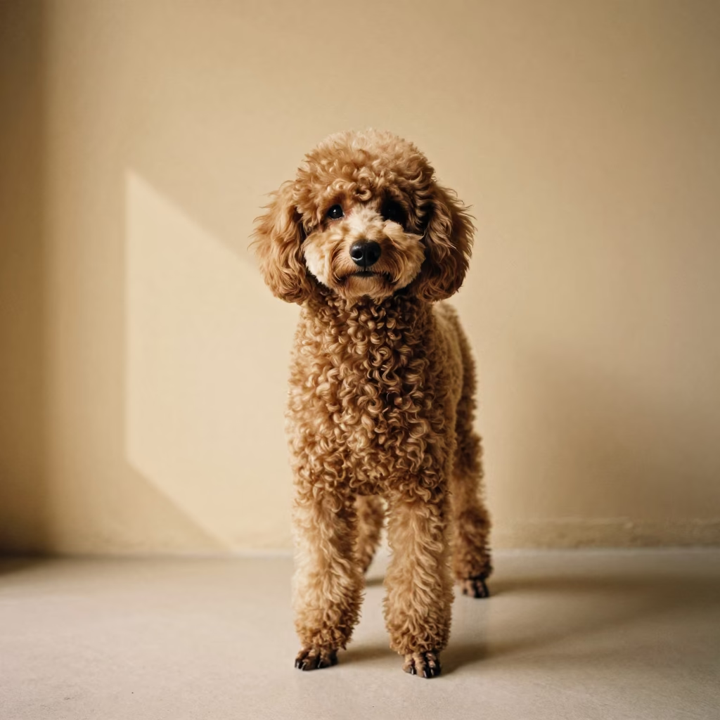 Faiyum Poodle Portrait Beside Plaster Wall in beside a plain plaster wall in soft indoor light with the animal centered in frame in Faiyum