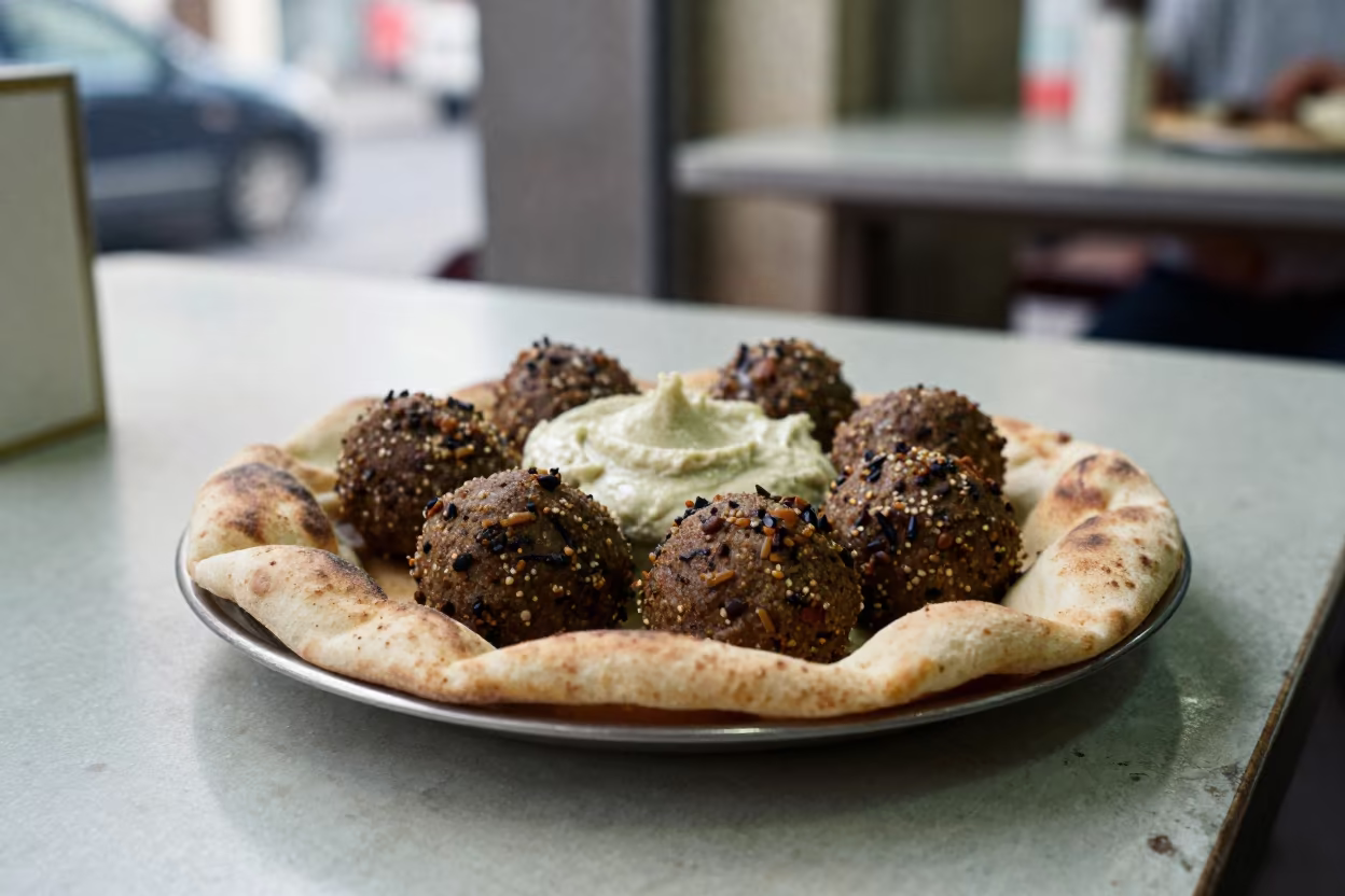 Falafel Pita with Tahini in Beirut Diner in at a roadside diner table in Downtown, Beirut