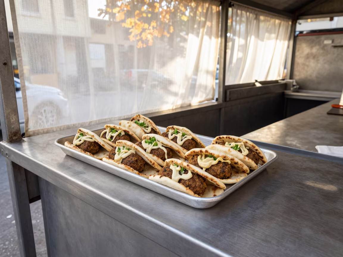 Falafel Pita Tray with Tahini in Beirut Morning Light in at a street-food cart counter in Bourj Hammoud, Beirut