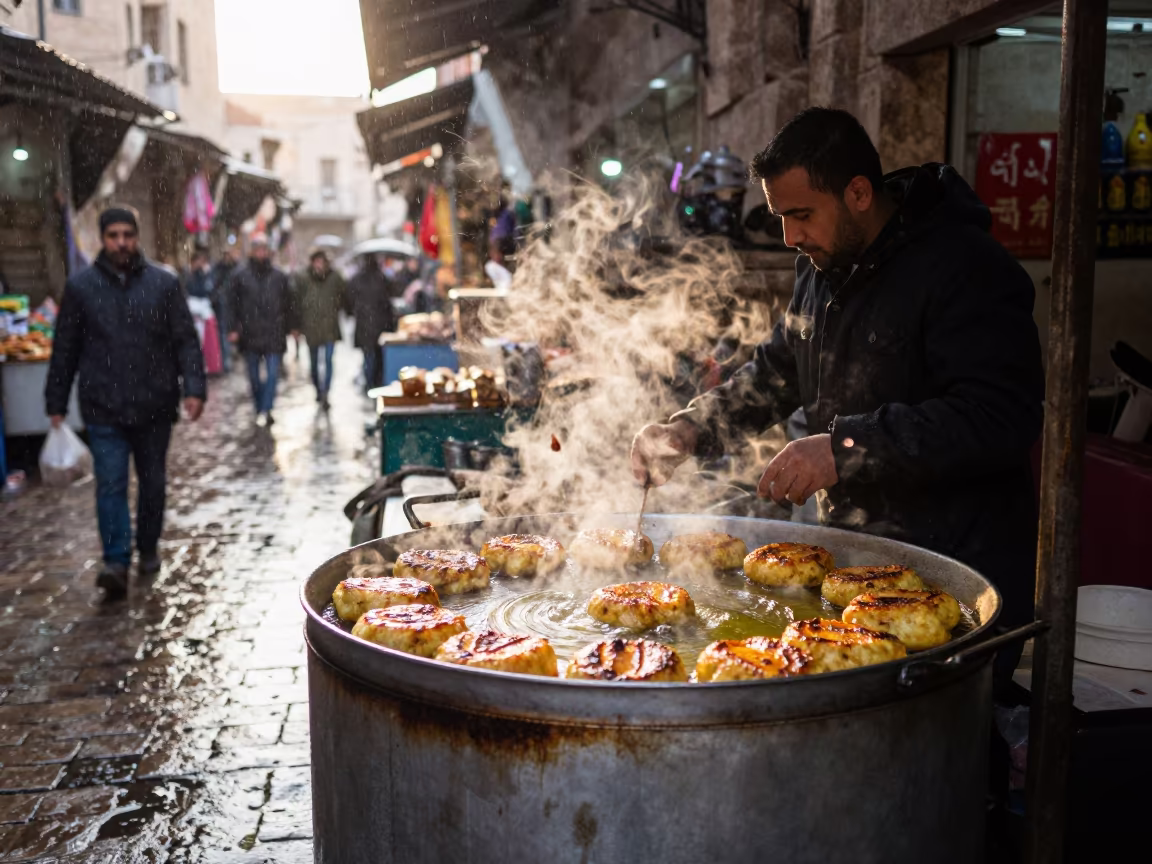 Falafel Vendor Dawn Amman Market in in a flea market lane in Amman