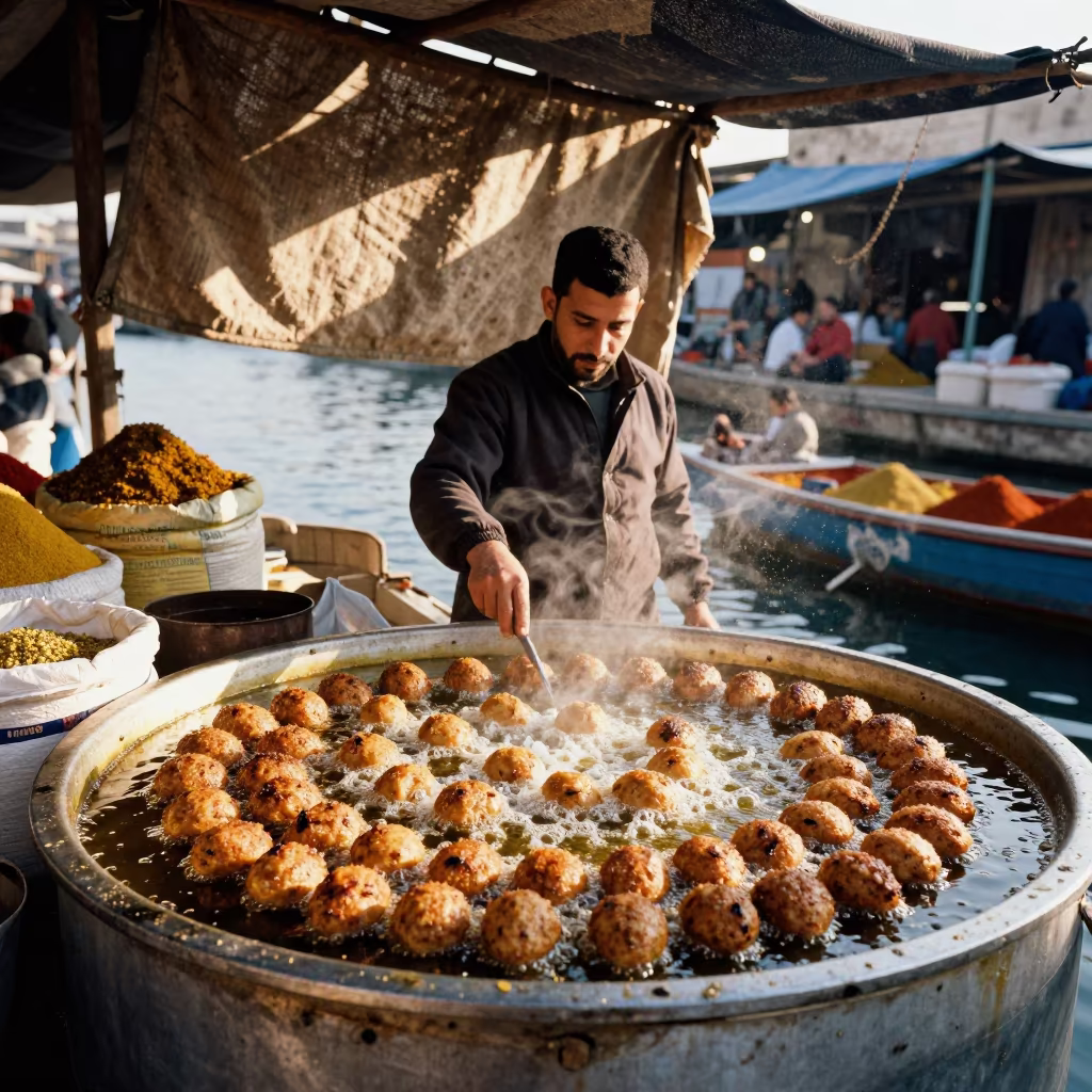 Falafel Vendor Frying Golden Balls on Amman Boat in at a floating market boat in Amman