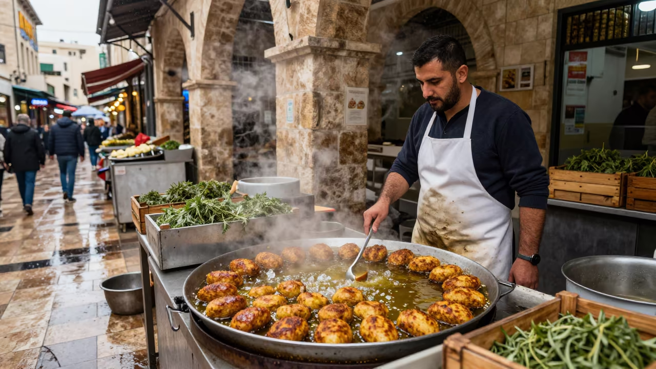 Falafel Vendor Frying in Haifa Bazaar Rain Light in in a covered bazaar aisle in Haifa