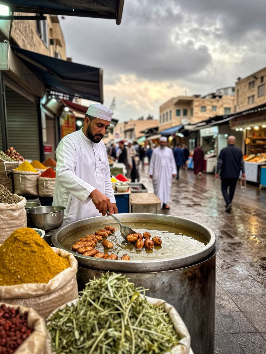 Falafel Vendor Frying Oil Amman Market in at a spice vendor's table in Amman
